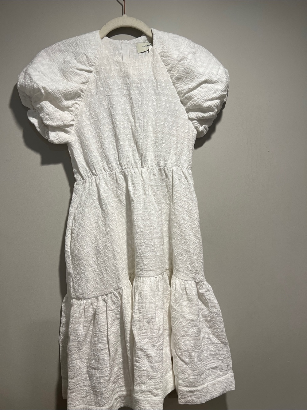Unlabel White Puff-Sleeve Tiered Textured Dress for Girls